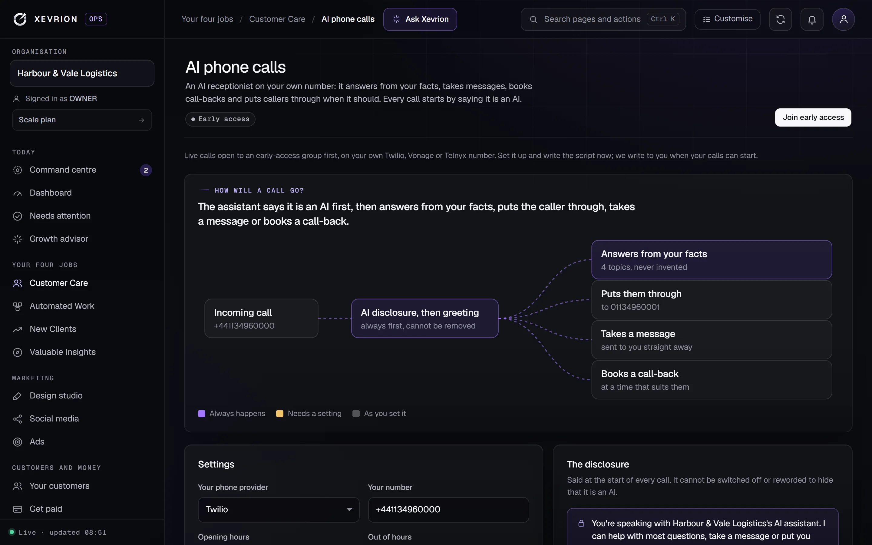 AI phone calls settings and call script in the portal